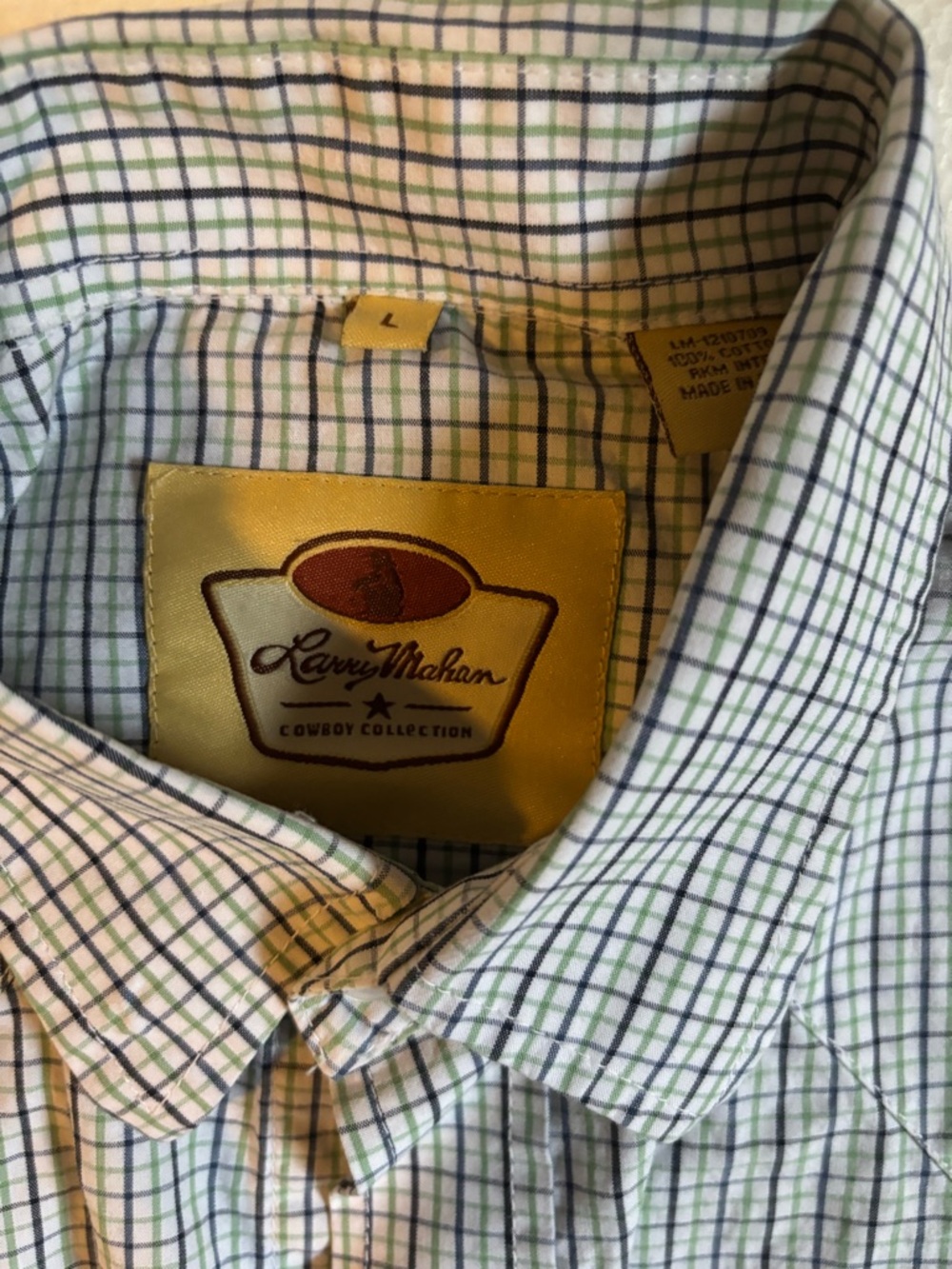 Larry Mahan Green and White Plaid Button-Down Shirt